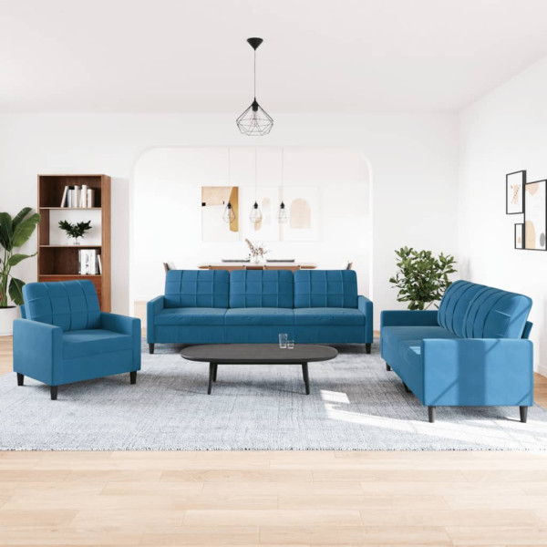 3 pcs conjunto de sofás com almofadões veludo azul M 3