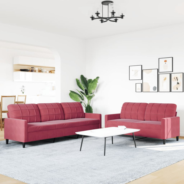 2 pcs conjunto de sofás com almofadões veludo vermelho tinto M 3