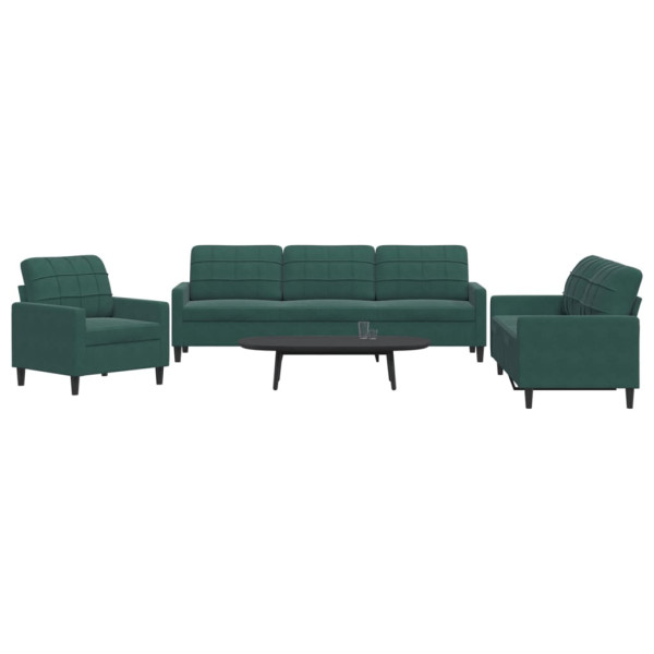 3 pcs conjunto de sofás com almofadões veludo verde-escuro D