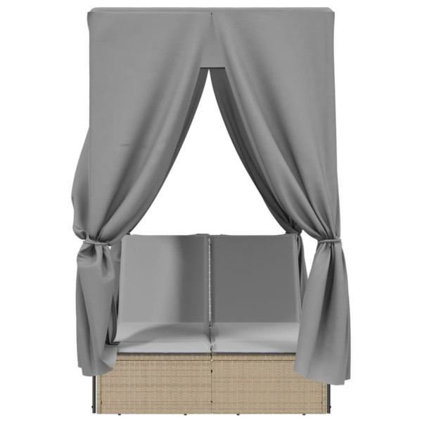 Tumbona doble con techo y cortinas ratán sintético beige M 2