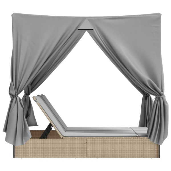 Tumbona doble con techo y cortinas ratán sintético beige M 3