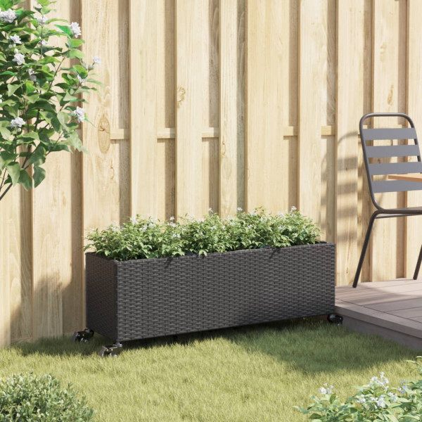 Jardinera con ruedas y 3 maceteros ratán PE negro 107x32x38 cm M 3