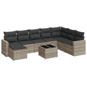 Set muebles jardín 9 pzas y cojines ratán sintético gris claro H