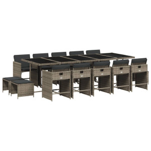 15 pcs conjunto jantar p/ jardim c/ almofadões vime PE cinzento H