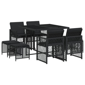 Set de comedor de jardín 9 pzas y cojines ratán sintético negro H