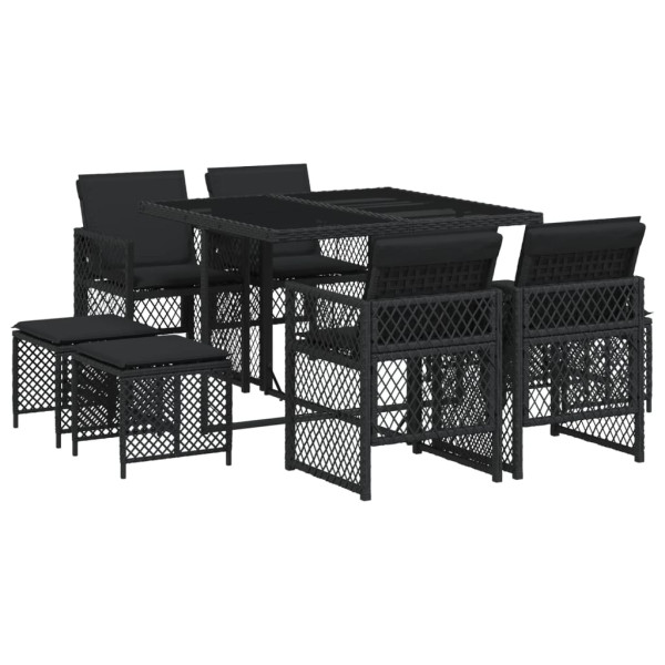 Set de comedor de jardín 9 pzas y cojines ratán sintético negro M 2