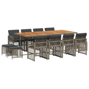 Set comedor de jardín con cojines 13 pzas ratán sintético gris H
