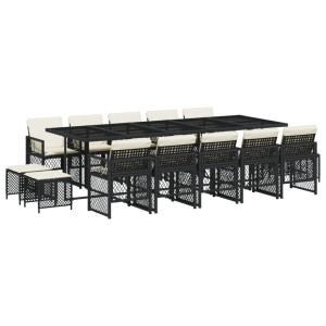 Set comedor de jardín con cojines 15 pzas ratán sintético negro H