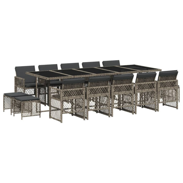 Set comedor de jardín con cojines 15 pzas ratán sintético gris M 2