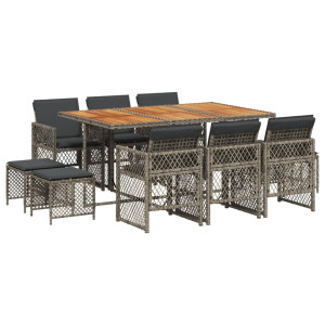 Set de comedor de jardín 11 pzas y cojines ratán sintético gris H