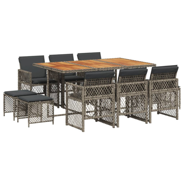 Set de comedor de jardín 11 pzas y cojines ratán sintético gris M 2