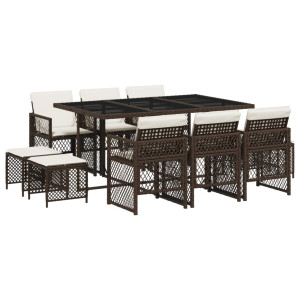 Set comedor de jardín 11 pzas y cojines ratán sintético marrón H