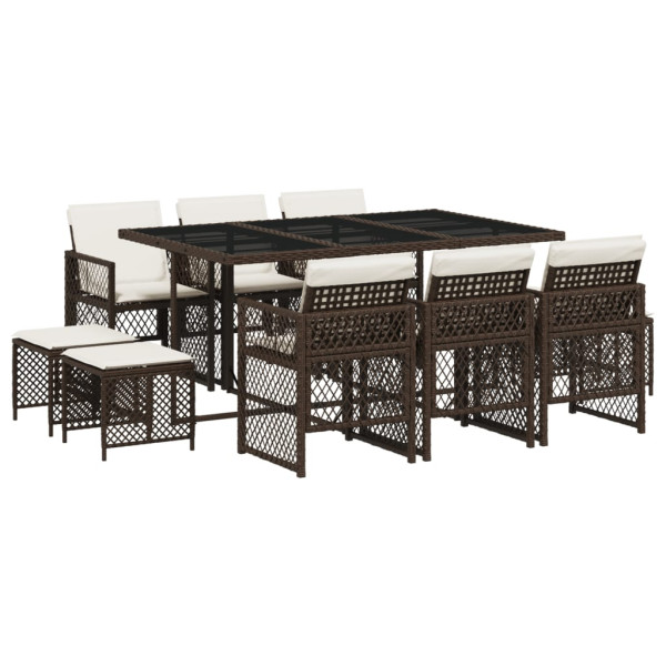 Set comedor de jardín 11 pzas y cojines ratán sintético marrón M 2