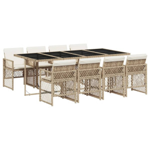 Set comedor de jardín 9 pzas con cojines ratán sintético beige H