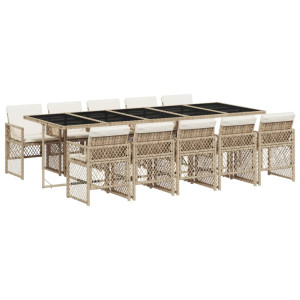 Set comedor de jardín 11 pzas con cojines ratán sintético beige H