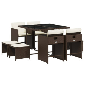 Set comedor para jardín 9 pzas y cojines ratán sintético marrón H