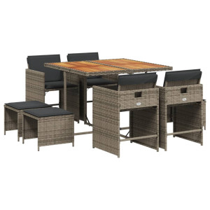 Set comedor jardín 9 pzas y cojines ratán sintético gris H