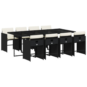 Set de comedor de jardín 9 pzas y cojines ratán sintético negro H