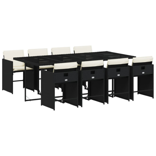 9 pcs conjunto de jantar p/ jardim c/ almofadões vime PE preto M 2