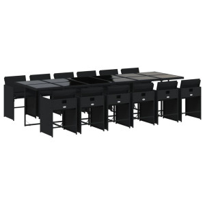 Set comedor de jardín con cojines 13 pzas ratán sintético negro H
