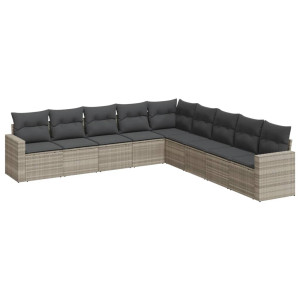 Set muebles jardín 9 pzas y cojines ratán sintético gris claro H