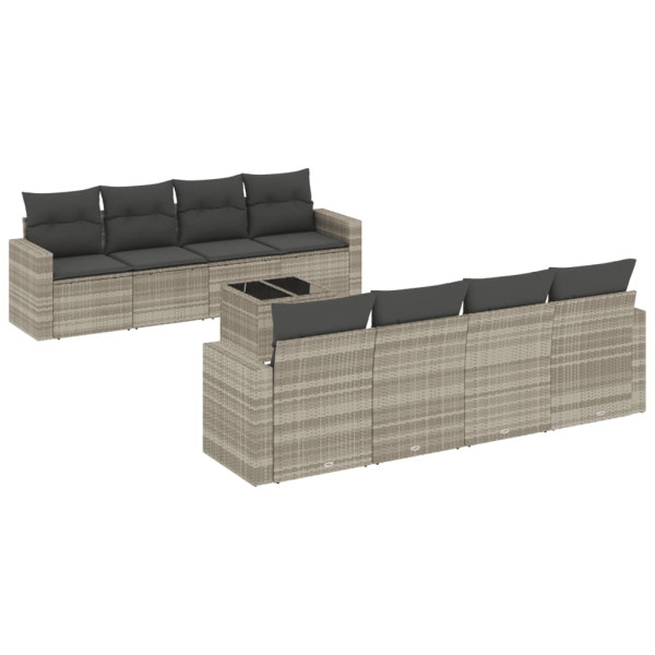 Set muebles jardín 9 pzas y cojines ratán sintético gris claro M 2