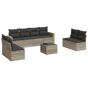 Set muebles jardín 9 pzas y cojines ratán sintético gris claro H