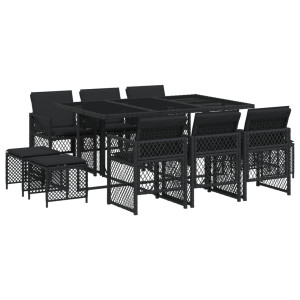 Set de comedor jardín 11 pzas con cojines ratán sintético negro H