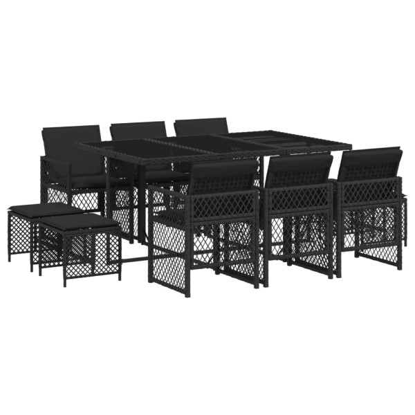 11 pcs conjunto de jantar p/ jardim c/ almofadões vime PE preto M 2