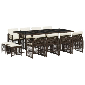 13 pcs conjunto jantar p/ jardim c/ almofadões vime PE castanho H