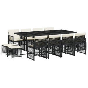 13 pcs conjunto de jantar p/jardim com almofadões vime PE preto H