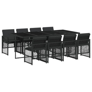 9 pcs conjunto de jantar p/ jardim c/ almofadões vime PE preto H