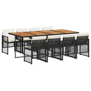 Set de comedor de jardín 9 pzas y cojines ratán sintético negro H