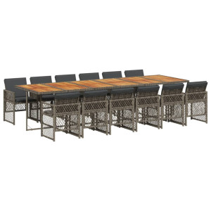 Set comedor de jardín con cojines 13 pzas ratán sintético gris H