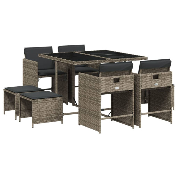 Set comedor jardín 9 pzas y cojines ratán sintético gris M 2