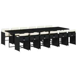 Set comedor de jardín con cojines 13 pzas ratán sintético negro H