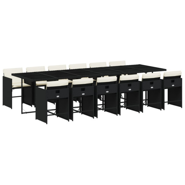 Set comedor de jardín con cojines 13 pzas ratán sintético negro M 2