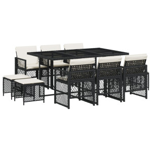 Set de comedor jardín 11 pzas con cojines ratán sintético negro H
