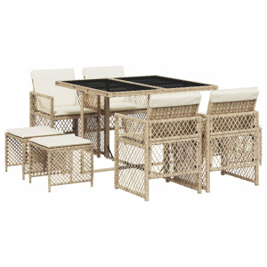 Set comedor de jardín 9 pzas con cojines ratán sintético beige H
