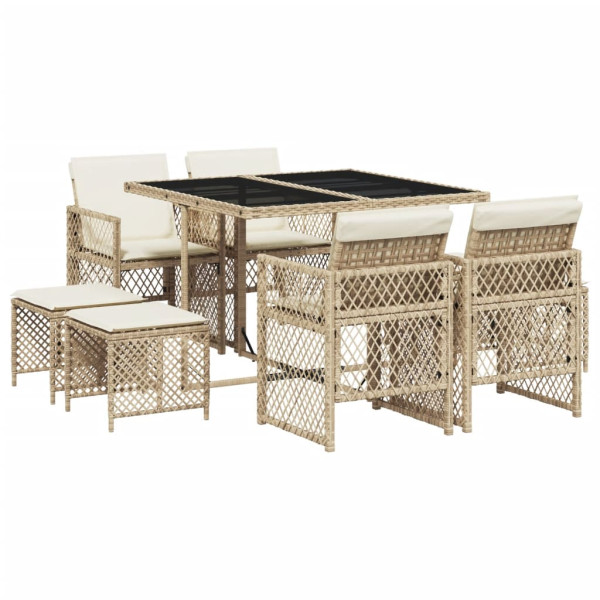 Set comedor de jardín 9 pzas con cojines ratán sintético beige M 2