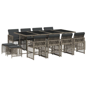 Set comedor de jardín con cojines 13 pzas ratán sintético gris H
