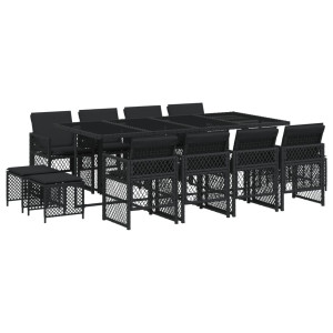 Set comedor de jardín con cojines 13 pzas ratán sintético negro H