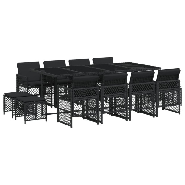 Set comedor de jardín con cojines 13 pzas ratán sintético negro M 2