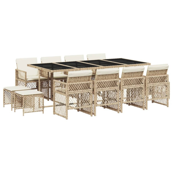 Set comedor de jardín con cojines 13 pzas ratán sintético beige M 2