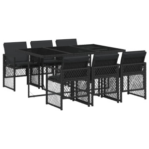 7 pcs conjunto de jantar p/ jardim c/ almofadões vime PE preto H