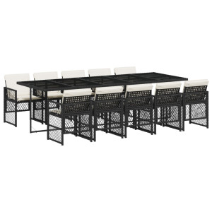 Set de comedor jardín 11 pzas con cojines ratán sintético negro H