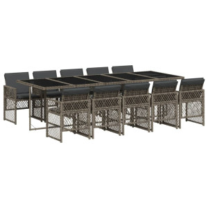 Set de comedor de jardín 11 pzas y cojines ratán sintético gris H