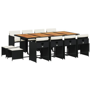 Set comedor de jardín con cojines 13 pzas ratán sintético negro H