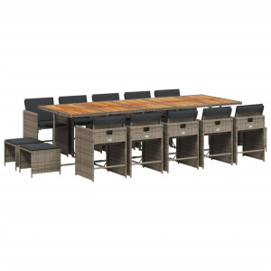 Set comedor de jardín con cojines 15 pzas ratán sintético gris H