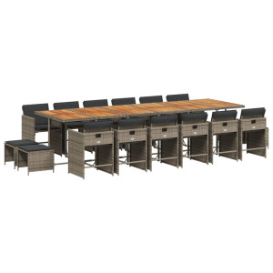 17 pcs conj. de jantar p/ jardim c/ almofadões vime PE cinzento H